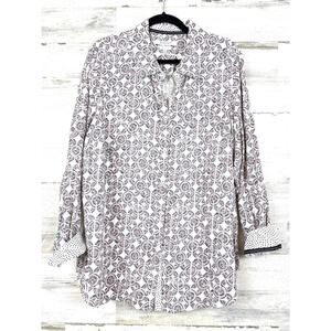 Foxcroft Womens 20W Plus White Geometric Button Up Non Wrinkle Shaped Blouse NEW